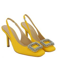 Sandalo in raso giallo con pietre e slingback